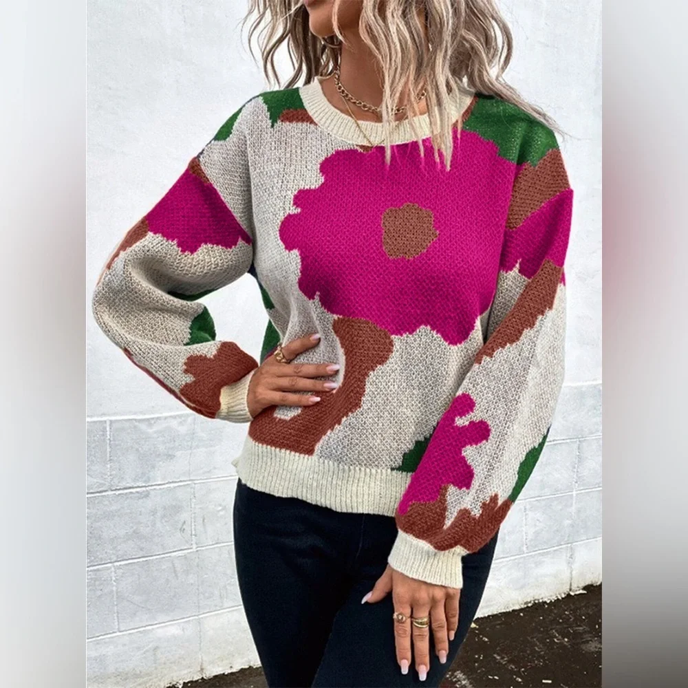 Floral Pattern Round Neck Sweater - Picture 16 of 16